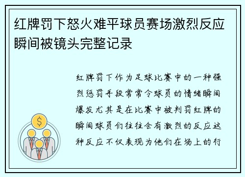 红牌罚下怒火难平球员赛场激烈反应瞬间被镜头完整记录 红牌罚下怒火难平球员赛场激烈反应瞬间被镜头完整记录