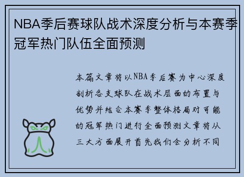 NBA季后赛球队战术深度分析与本赛季冠军热门队伍全面预测