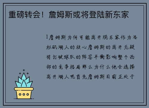 重磅转会！詹姆斯或将登陆新东家